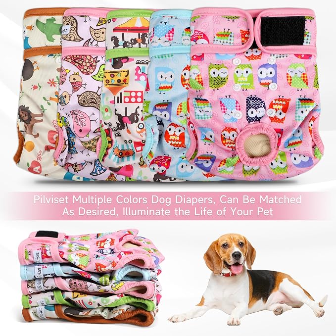 Dog Diapers Female 5pcs,Reusable Dog Doggie Puppy Doggy Diapers Female, Period Panties in Heat, Owl, XLarge