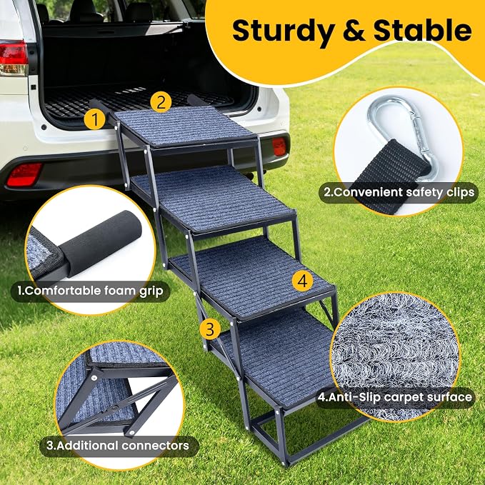 Dog Stairs for Large Dogs, Extra Wide Dog Ramp for Car with Non-Slip Surface, Foldable Pet Steps for Cars, SUV, Truck, RV, Supports up to 200 lbs, 4 Steps