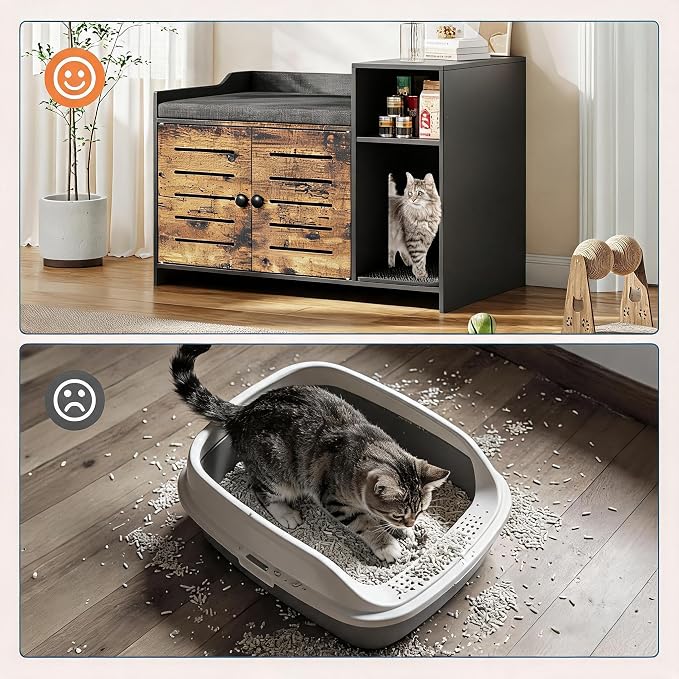 Cat Litter Box Enclosure, Hidden Litter Box Cabinet Furniture with Scratch Pad, Farmhouse Indoor Cats House with Storage Layer for Hallway, Bedroom