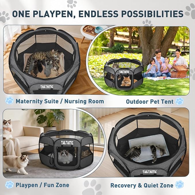 Large Cat Playpen for Multiple Cats, Extra Spacious Pet Tent Playground, Portable Dog Exercise Pen with Room for Toys & Bed, Indoor/Outdoor Enclosure for 2-3 Pets (Dark Grey, Large)