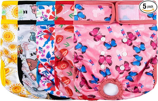 wegreeco Female Dog Diapers, Washable Reusable Pet Puppy Doggie Diapers for Small Medium Large Female Dogs in Heat Period, Doggy Period Panties, 5 Pack, Medium, Strawberries