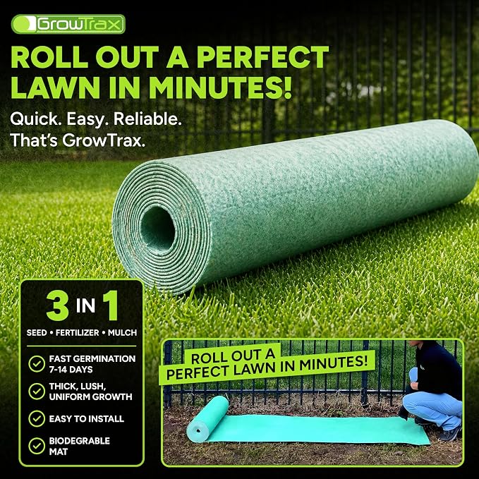 Growtrax Biodegradable Grass Seed Mat, Year Round Green - 50 Sq Ft Quick Fix Roll - Growing Solution for Lawns, Dog Patches and Shade - Just Roll Water & Grow -Not Fake or Artificial Grass