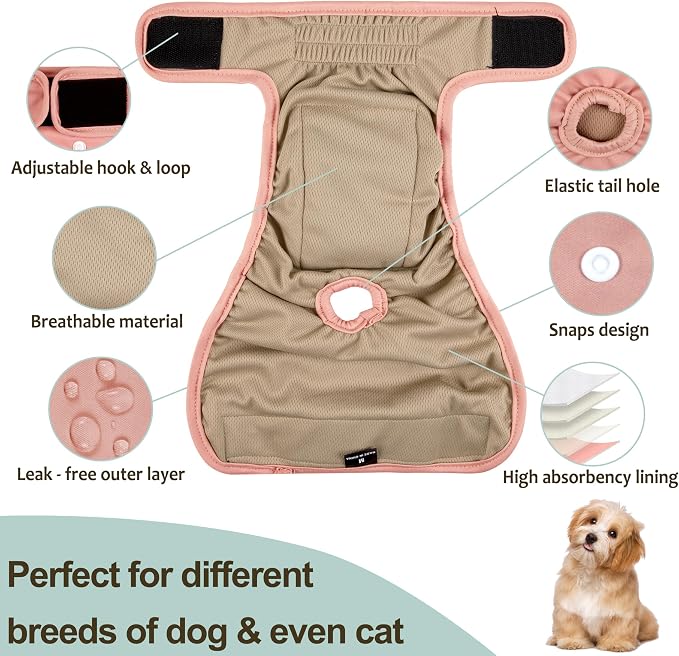 Washable Female Dog Diapers - Premium Reusable Diapers for Doggie in Heat - Highly Absorbent Dog Diapers Female for Pet Incontinence with Adjustable Snaps (Pink, M)