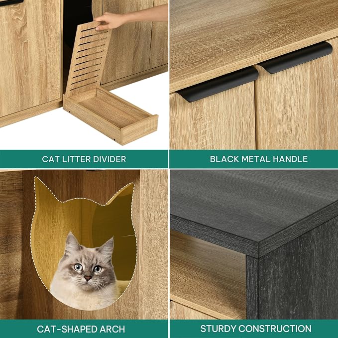 YITAHOME Double Hidden Cat Litter Box Enclosure with Power Outlet & LED Light, 60 Inch Dual Kitty Litter Box TV Stand Furniture for 2 Cats, Wooden Cat Cabinet for Indoor Cats, Grey Oak