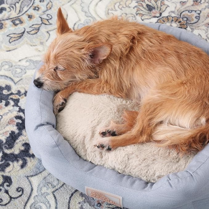 Town & Country Everyday CuddleTown Faux Linen Comfy Cozy Cuddler Pet Bed, Supportive & Calming Egg Crate Foam, Non-Slip Bottom, Machine Washable Cover, Blue, Medium 28"x26"x8"