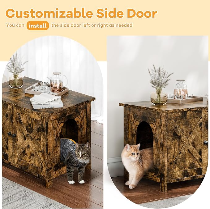 Shintenchi Cat Litter Box Enclosure, Litter Box Furniture Cabinet Hidden with Removable Divider, Wooden Cat House with End Table, Brown, 31.5 inch