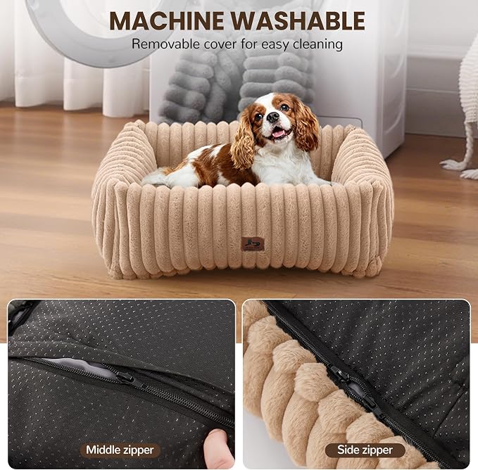 Washable Dog Bed Small Medium Size Dog, Rectangle Orthopedic Pet Bed for Car and Indoor,Fluffy Memory Foam Dog Beds with Anti-Slip Bottom,Camel(25x21x7inchs)