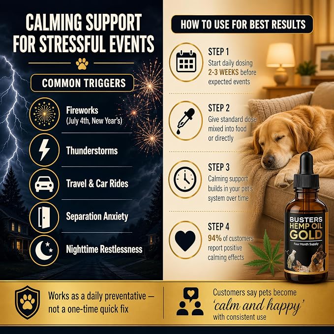 Buster's Gold Organic Hemp Oil for Dogs and Cats, 2 Large 60ml Bottles 4 Month Supply, Made in USA - Miracle Formula, Perfectly Balanced Omega 3, 6, 9 - Joint Relief, Calming (2-Pack)