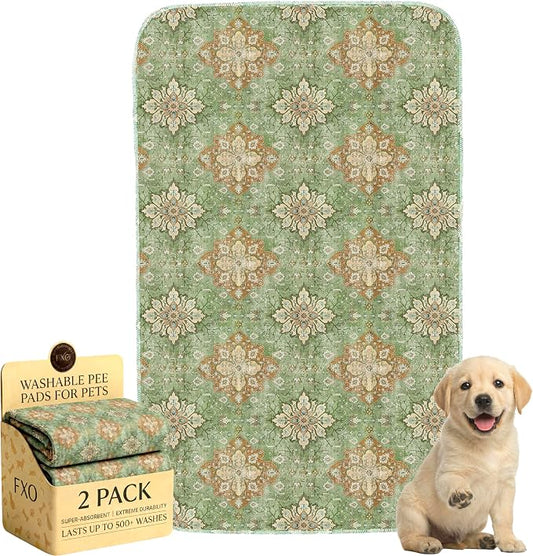 Washable Pee Pads for Dogs,Great Urine Absorbent Reusable Puppy Training Pads,Waterproof,Leak-Proof & Non-Slip Potty Pads for Whelping,Crate,Playpen,Bed.(Green Floral Flat,24"x36")
