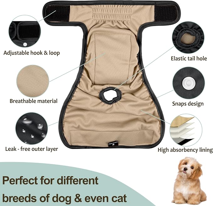 Washable Female Dog Diapers 5 Pack - Doggie Reusable Small Medium Large Dog Diapers for Doggy Puppy Female in Period - Highly Absorbent Dog Heat Panties,S Plus,Black