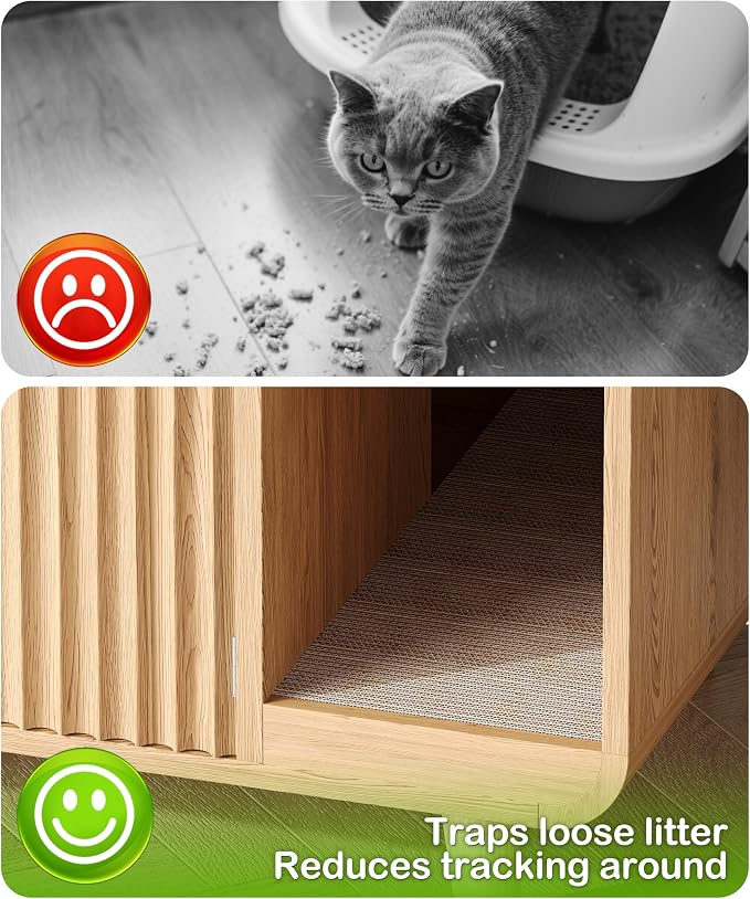Fluted Cat Litter Box Enclosure with Solid Wood Legs, Hidden Cat Litter Cabinet, Modern Cat House Furniture, Reduce Litter Tracking, 31.5 x 19.7 x 22 Inches, for Living Room, Bedroom, Oak