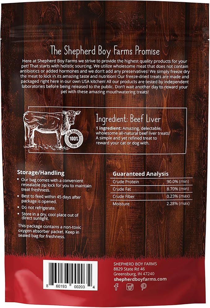 Shepherd Boy Farms Freeze Dried Dog and Cat Treats, Beef Liver, All Natural Single Ingredient Freeze-Dried Dog Treat & Snacks, Made in USA, High Protein, Essential Nutrition of Raw Food, 3oz