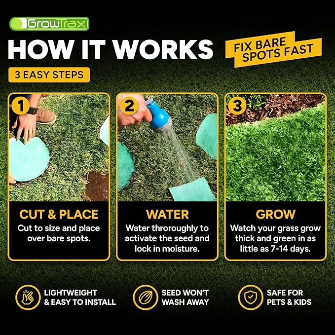 Growtrax Biodegradable Grass Seed - 50 SQFT Bermuda Rye - Grass Seed and Fertilizer for Lawns, Dog Patches & Shade - Just Water & Grow - No Fake or Artificial Grass