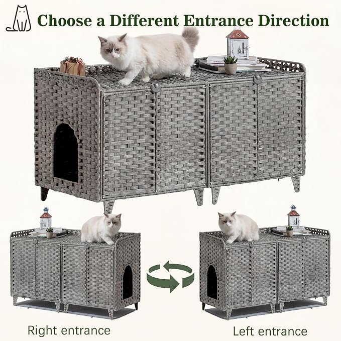 Cat Litter Box Enclosure Furniture, Handwoven Rattan Cat Houses, Hidden Cat Washroom Furniture with Door/Mat, Large Space Cat Houses with S-Shaped Hooks, Living Room, Bedroom, Gray