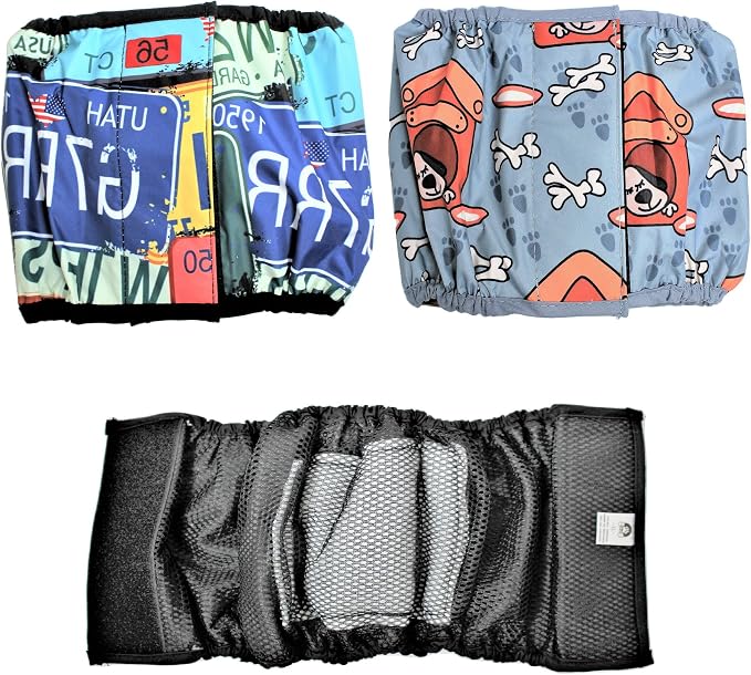 FDC Leak Proof Waterproof Diapers Dog Belly Band Male Wrap Washable Reusable Absorbent Pad Lined for Small Medium Large Pets Black (XS: Waist 7" - 10", Pack of 2 Gray & Retro)
