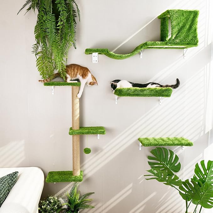 FUKUMARU Cat Wall Shelves, Stable & Safe 4 in 1 Cat Walls Furniture Set, Wooden Kitten Climbing Wall with Scratching Post for 16 Inch Drywall - Green
