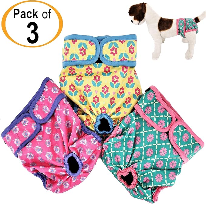Pack of 3 Female Dog Diapers with 4 - Layers of Absorbent Pads Cat Panties Waterproof Leak Proof Washable (XS: Waist 8" - 12", Neon Pattern)