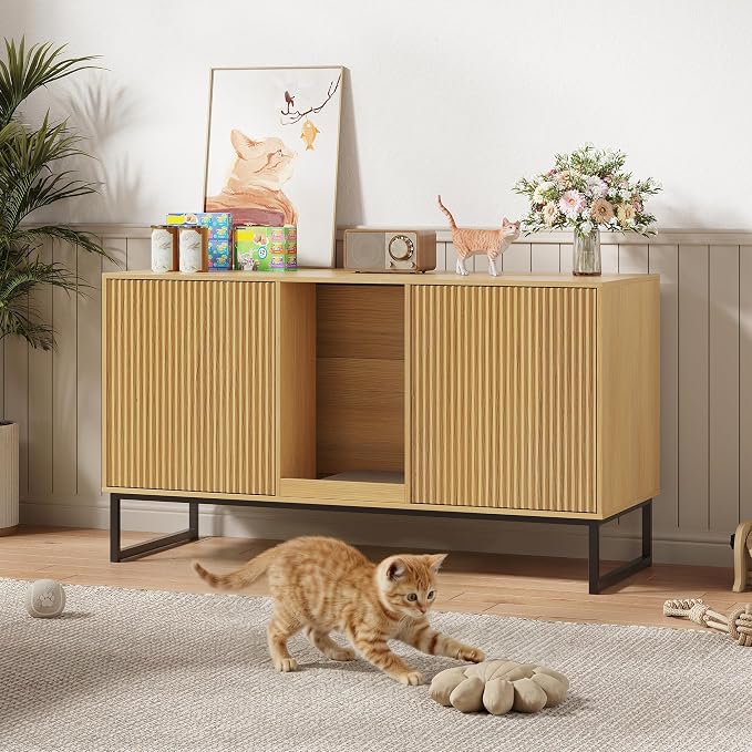 Kitty Litter Box Enclosure for 2 Cats, Small Hidden Cat Litter Box Furniture with Scratch Pad, Modern Fluted Double Litterbox Cabinet TV Stand for Kittens, Natural