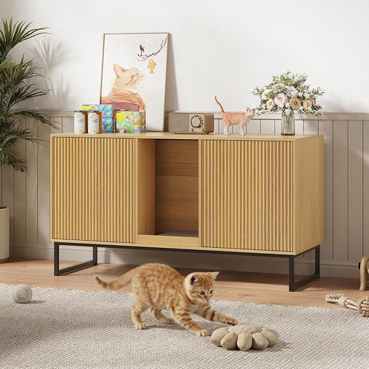 Kitty Litter Box Enclosure for 2 Cats, Small Hidden Cat Litter Box Furniture with Scratch Pad, Modern Fluted Double Litterbox Cabinet TV Stand for Kittens, Natural