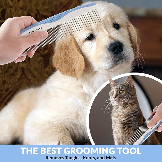 We Love Doodles Dog Eye Wipes & Metal Dog Comb Bundle - Pre-Soaked Eye Wipes for Dogs, Tear Stain Remover for Dogs, Pet Eye Wipes, Dog Eye Cleaner, Dematting Comb for Dogs, Dematting Comb for Dogs