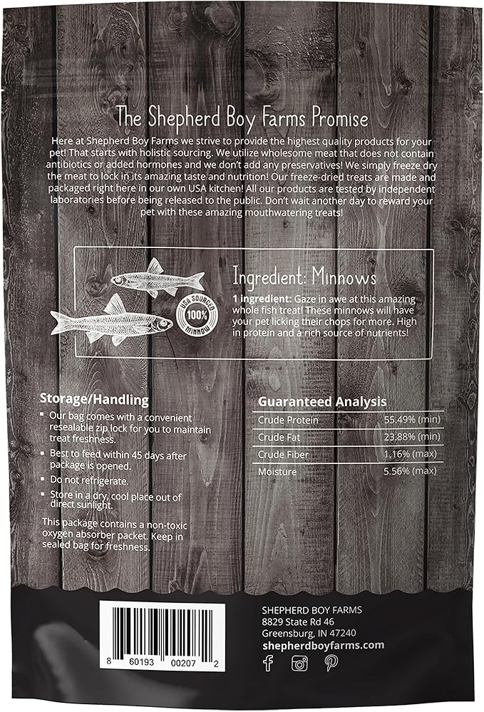 Shepherd Boy Farms Freeze Dried Dog and Cat Treats, Minnows, All Natural Single Ingredient Freeze-Dried Dog Treat & Snacks, Made in USA, High in Protein, Essential Nutrition of Raw Food, 2oz