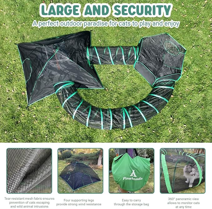 Pawtenda Cat Tents for Outside, Green Outdoor Cat Enclosures, Foldable Pet Playpen with Tunnels for Outside, Portable 4-in-1 Catio Including 2 Tents and 2 Tunnels