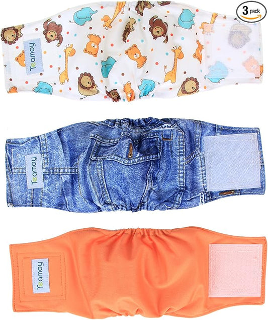 Teamoy Reusable Wrap Diapers for Male Dogs, Washable Puppy Belly Band Pack of 3 (XS, 7"-9" Waist, Orange+ Denim+ Fat Smile)
