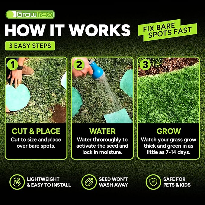 Growtrax Biodegradable Grass Seed Mat, Year Round Green - 50 Sq Ft Quick Fix Roll - Growing Solution for Lawns, Dog Patches and Shade - Just Roll Water & Grow -Not Fake or Artificial Grass