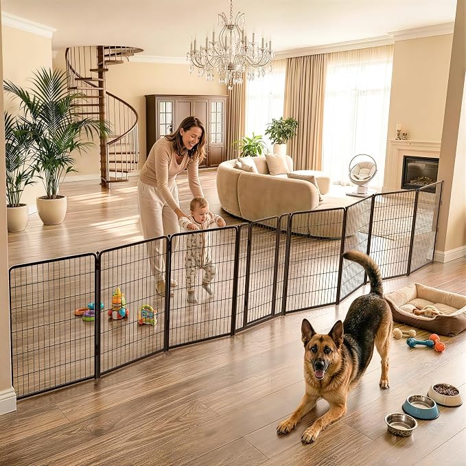 FXW Dog Gate Extra Wide Designed for Indoor Use, Adjustable Width Up to 219-inch Wide (45" H 8 Wire Panels for Large Dogs), Black