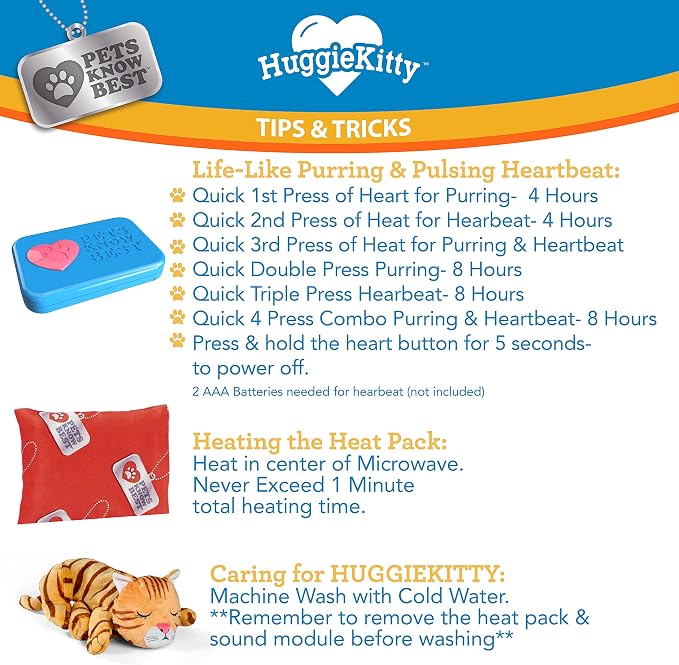 HuggieKitty by Pets Know Best- Cuddly Cat Toy, Soothing Sound & Warmth Help Relax & Comfort Your Pet- Purr & Heartbeat, Heating Pack- Orange