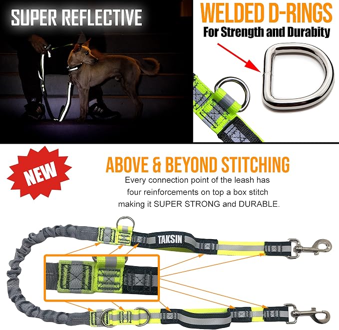 TAKSIN The Ultimate Hands Free Dog Leash System for Walking Running Hiking Training, Reflective Bungee Leash, Treat Holder, Poop Bag Dispenser for Small Medium Large Dogs (Grey Deluxe Pack)