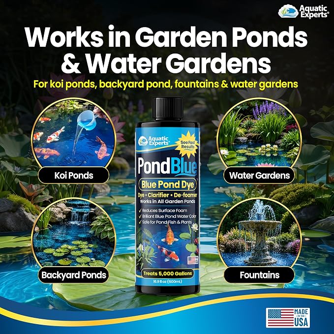 PondBlue Blue Pond Dye & Pond Colorant with De Foaming Action for Garden Ponds, Koi Ponds & Water Gardens, Safe for Pond Fish & Plants, 16.9 fl oz, Aquatic Experts