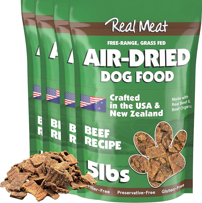 Real Meat Air Dried Dog Food w/ Real Beef - Four 5lb Bags of USA-Crafted Grain-Free Real Meat Dog Food Sourced from Hormone-Free, Grass-Fed Beef - Digestible, Natural, High Protein