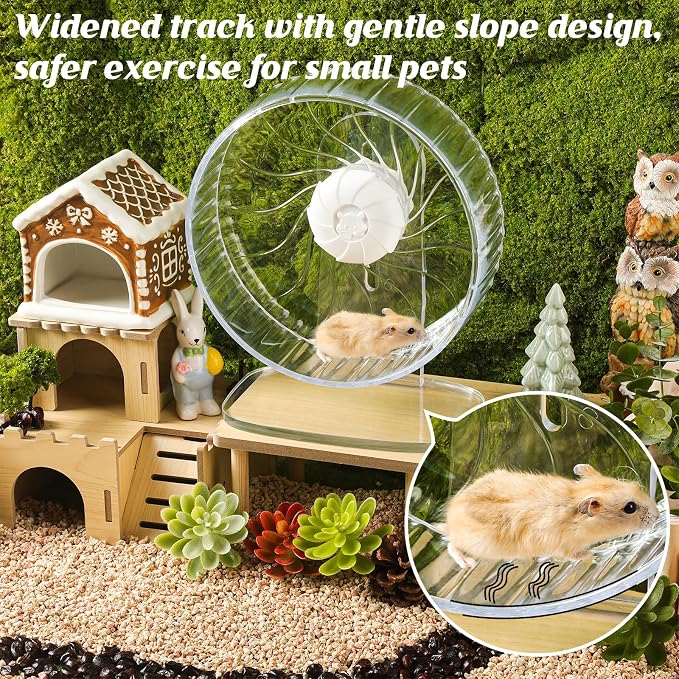 Silent Exercise Wheel with Adjustable Stand for Hamsters, Gerbils, Mice & Small Pets + Free Cleaning Cloth - 8.3" Diameter Running Wheel, Easy Clean, Anti-Slip Track (Transparent)