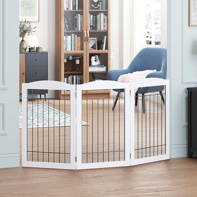 Spirich Freestanding Wire Pet Gate for Dogs, 60 inches Extra Wide, 30 inches Tall Dog Gate for The Houes, Doorway, Stairs, Pet Puppy Safety Fence, White 3 Panels