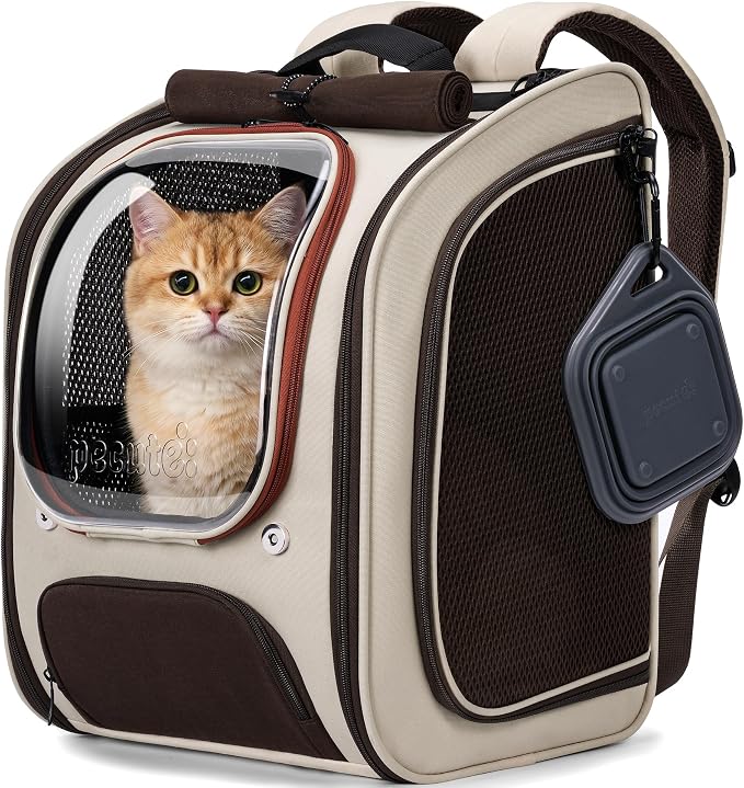 Pecute Cat Backpack Carrier,Large Space Cat Bubble Backpack,Ergonomic,Khaki | Color Blocking,Sunshade curtain,Folding bowl,Transparent window,Sturdy,Large mesh on both sides for breathability