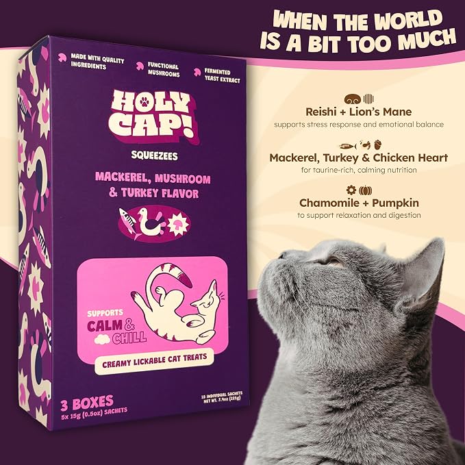 Calm & Chill Grain-Free Lickable Cat Treats 15 Squeezable Purée Tubes (0.5 oz Each), Mackerel & Turkey Flavor, Creamy Cat Purée with Clean Ingredients, Hand-Fed Treat or Meal Topper