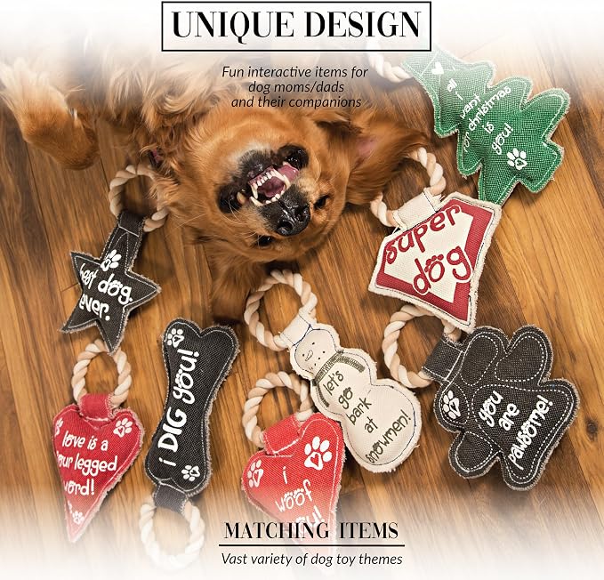 Pavilion Gift Company 45610 Pavilion's Pets-Red Heart Shaped Canvas and Rope Dog Squeaky Toy-I Woof You, Dogs, Medium- Large Breeds