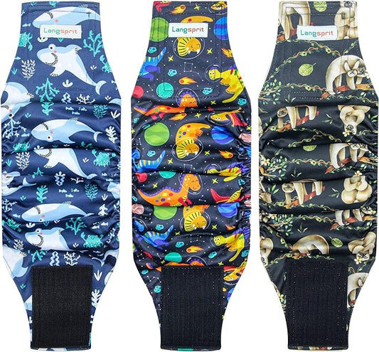Langsprit Male Belly Bands for Dogs (Pack of 3) - High Absorbing Dog Wraps Male Washable - Reusable Dog Diapers (Sloth,Whale,Dinosaur, X-Large)