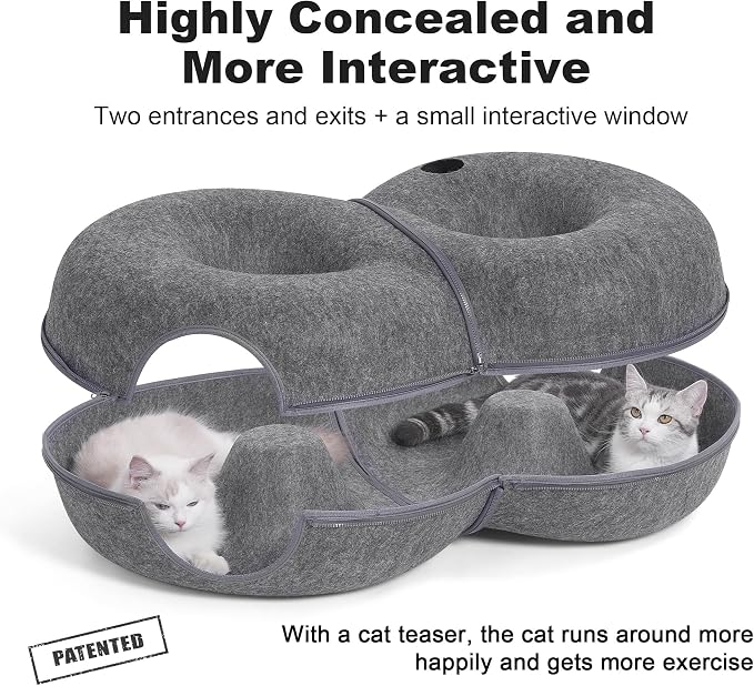 8-Shaped Large Cat Tunnel Bed for Indoor Cats, Infinite Circulation Peekaboo Cat Cave with 12 Toy Balls, Cat Donut Tunnel for Cats up to 30 Pounds (Dark Grey, L 38x24x11in)
