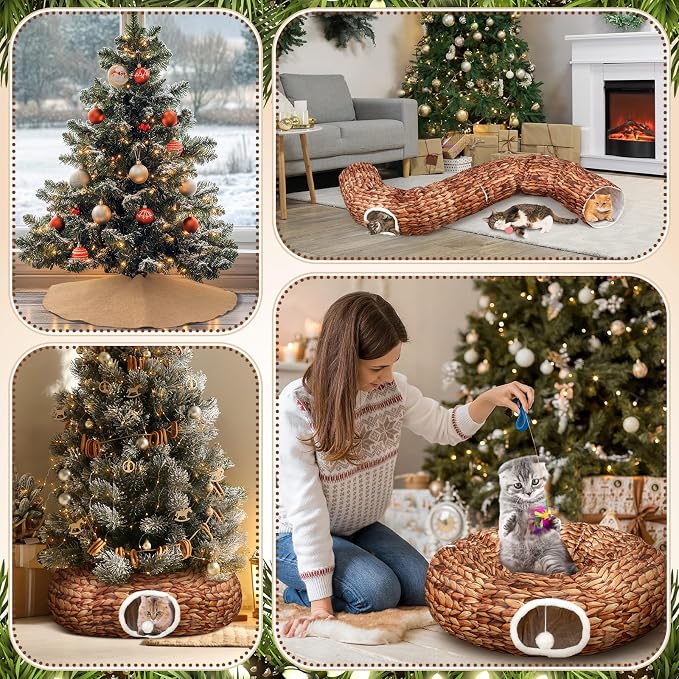 Soulchen Christmas Cat Tunnel Bed 3FT x 3FT x 9.8IN Indoor Cat Donut Tunnels Peekaboo Cave Toy 3 Way Winter Holiday Decor for Kitty Rabbit Ferret Puppy(Woven Brown)