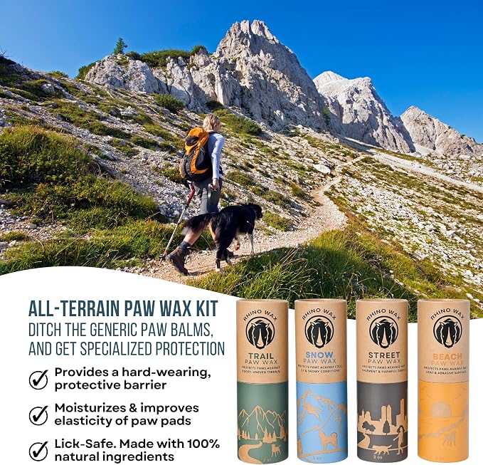Rhino Wax - All-Terrain Dog Paw Waxes - 4 Protective Balms (Trail + Street + Beach + Snow) - Each Wax for Dogs is Specifically Formulated for Outdoor Environments - Natural Lick-Safe Ingredients - USA