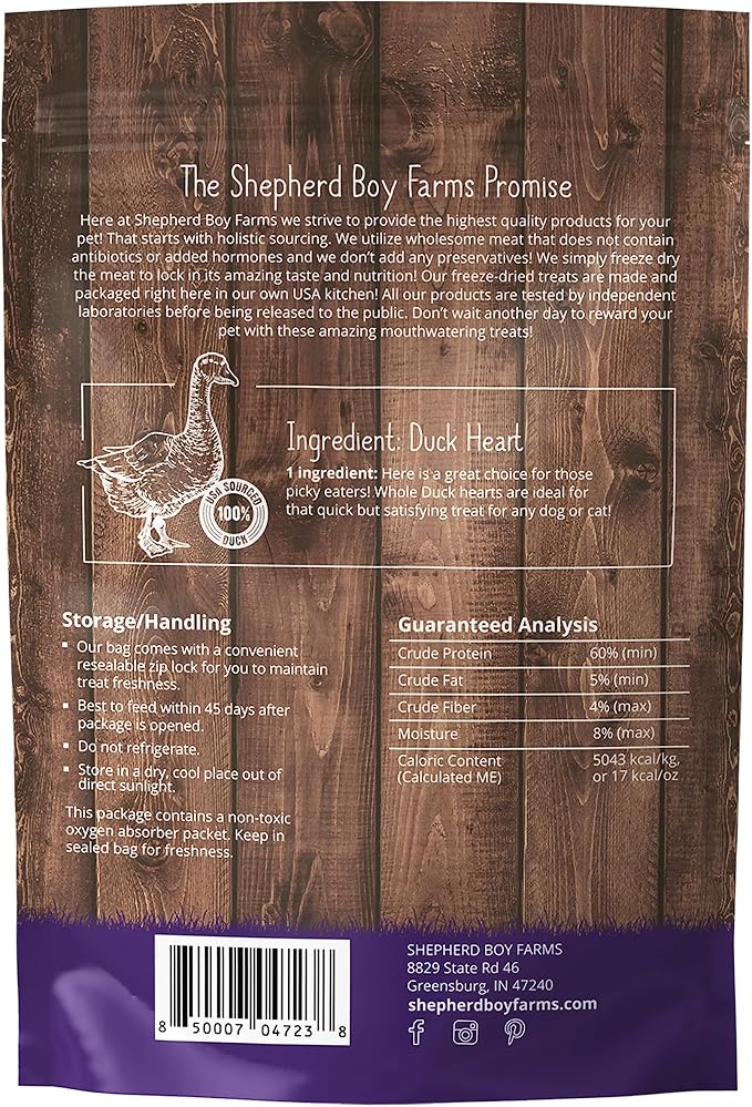 Shepherd Boy Farms Freeze Dried Dog and Cat Treats, Duck Heart, All Natural Freeze-Dried Dog Treat & Snack, Made in USA, High in Protein, Essential Nutrition of Raw Food, Single Ingredient 3oz