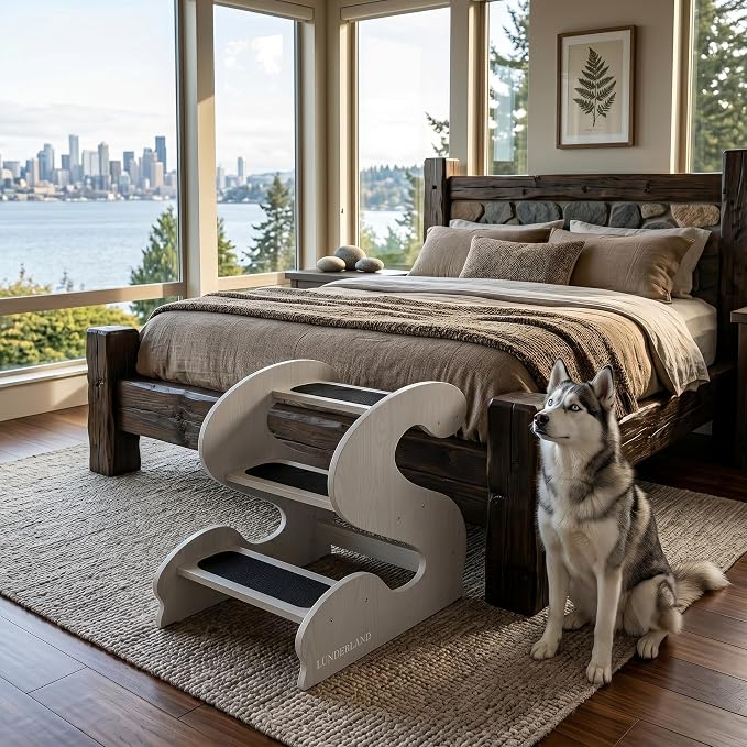 Wood Dog Stairs for Bed and Sofa (WhiteMapleGrainPatten) | 3-Step Small Senior Pet 23¼ D x 16¾" W x 19⅜ H,Trainer-Recommended Wood Ramp Steps
