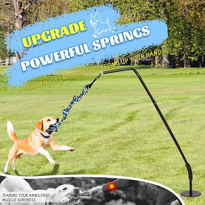 360° Rotating Dog Spring Pole Tug Toy for Medium Large Dogs, Outdoor Adjustable Height Dog Tug of War Toy with Reinforced Spring, Durable Chew Rope, 2 Replacement Toys & 4 Ground Stakes
