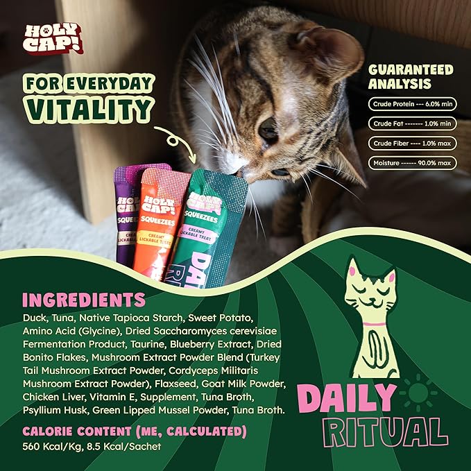 Daily Ritual Grain-Free Lickable Cat Treats 15 Squeezable Purée Tubes (0.5 oz Each), Duck & Tuna Flavor, Creamy Cat Purée with Clean Ingredients, Hand-Fed Treat or Meal Topper