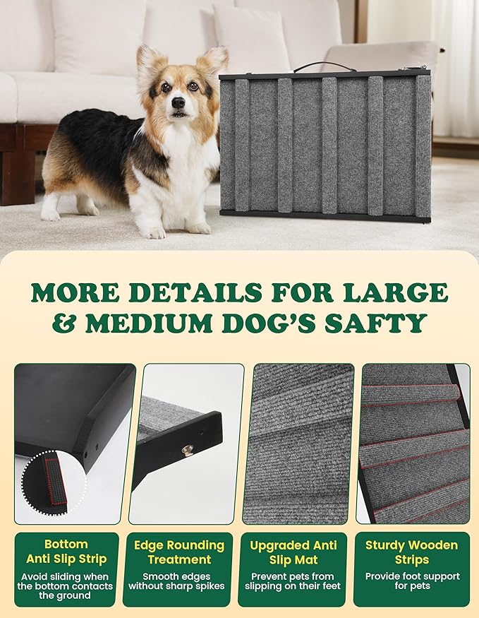 Dog Ramp Dog Stairs for Large Dogs Foldable Dog Ramp with 5 Adjustable Heights from 13.98'' to 27.56" Wood Pet Ramp with Non Slip Carpet Portable Puppy Ramp for Couch, Sofa, Bed, Car (Black)