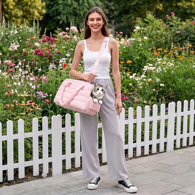 Dog Purse Carrier for Small Dog Cat Rabbit up to 13 lbs, Lightweight Portable Soft Sided Pet Purses, Quilted Puffy Tote Puppy Carrier with Large Pockets for Hiking, Travel, Vet Pink