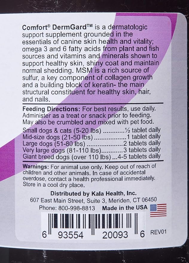 Kala Health Comfort DermGard Skin and Coat Supplement for Dogs, 150 Count, Supports Healthy Skin, Shiny & Reduce Excessive Shedding, Contains MSM, Fish Oil & Omega 3, 6, and 9 Essential Fatty acids