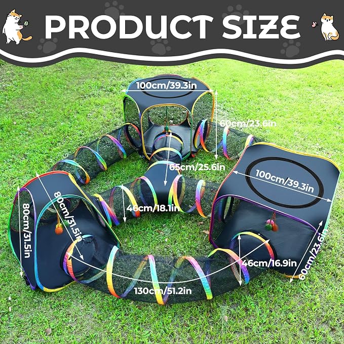 CypherX Outdoor Rainbow Cat Enclosure, 7-in-1 Portable Pop Up Cat Tents and Tunnels for Outside, Outdoor Catio Mesh Pet Playpen House, Large Playground for Large Cats and Other Animals